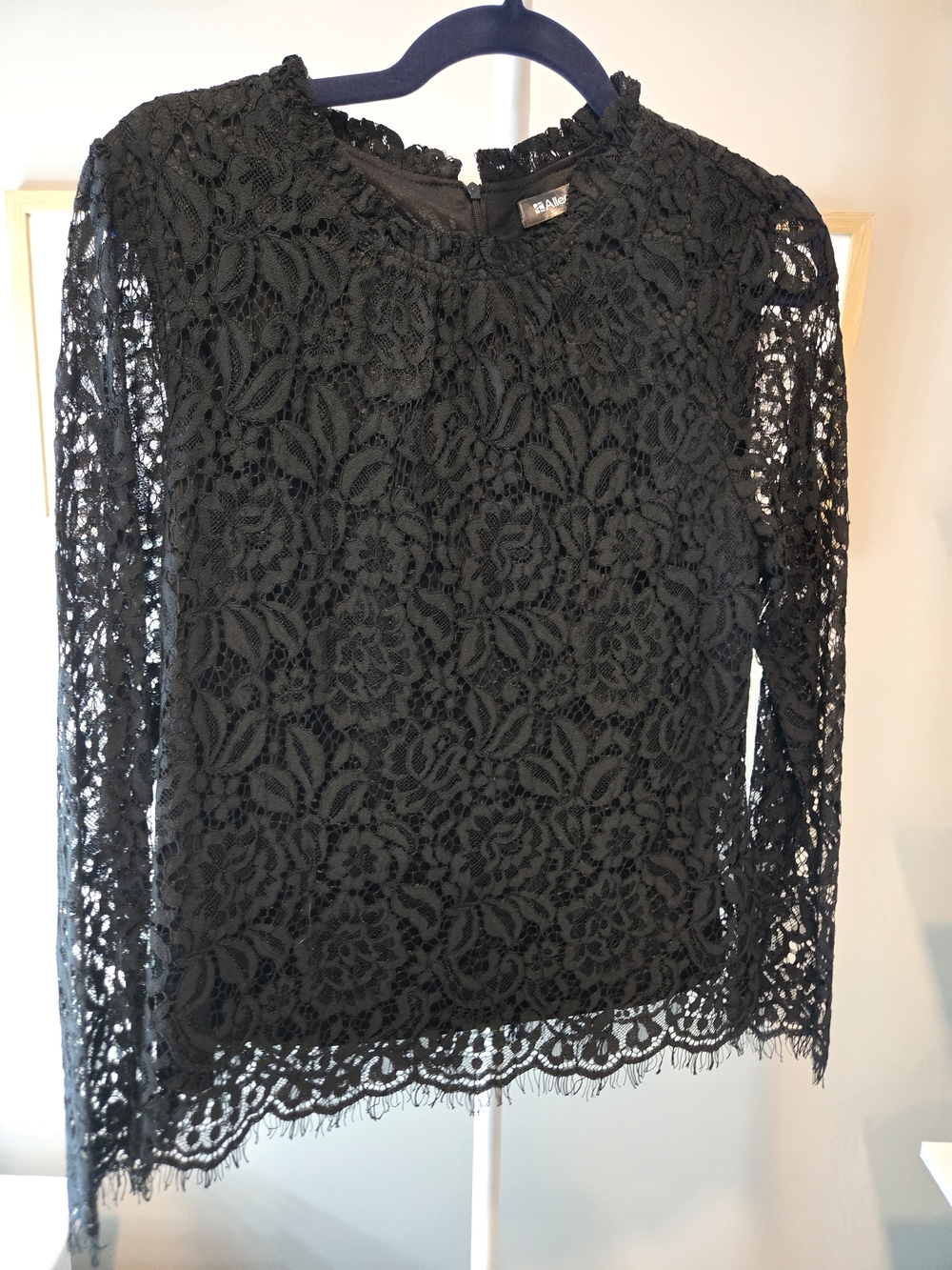 Allegra K Black Floral Lace Long-Sleeve Blouse